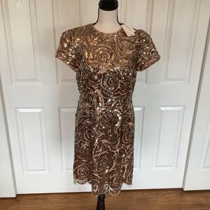 Milly‎ Kyla Rose Sequins Dress Size 10 Gold Floral Cocktail Party NWT
